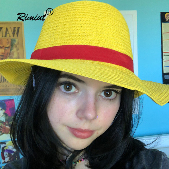 Rimiut Boy Girl One Piece Cap Straw Hat Neck String Flat Hats Cosplay Japanese Cartoon Props Hat Kid Red Stripe Beach Hat