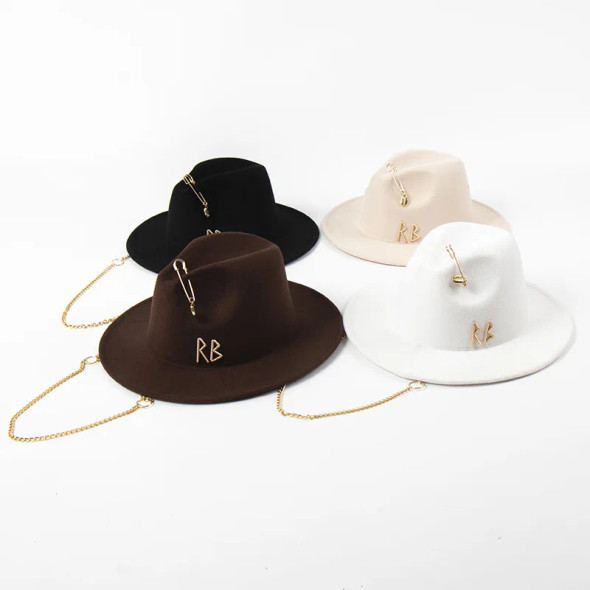 New Luxury Desige Letter Fedora Hat For Women Metal Chain Decor Jazz Hat Party Church Caps