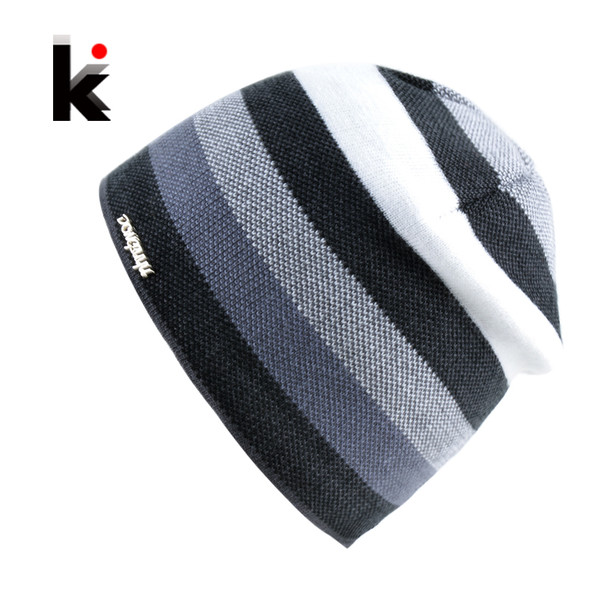 Men's Skullies Hat Bonnet Winter Beanie Knitted Wool Hat Plus Velvet Cap Thicker Stripe Skis Sports Beanies Hats for men