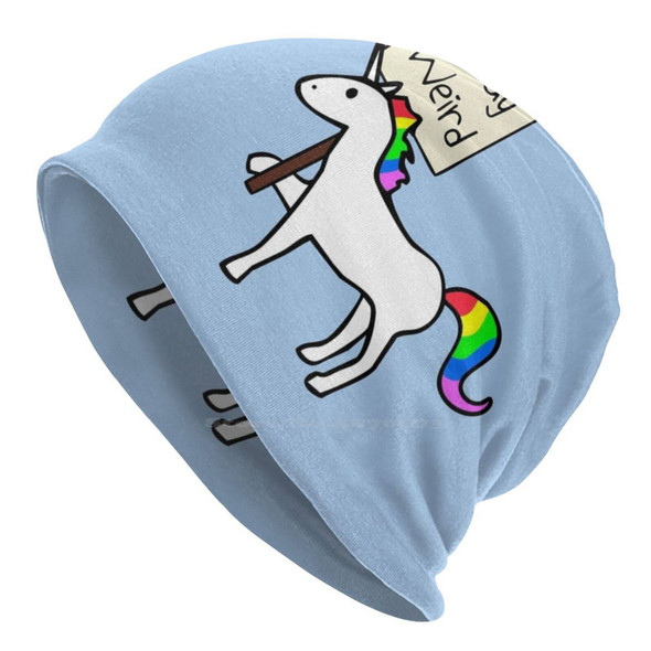 Stay Weird , Unicorn Knitted Hat Warm Beanie Outdoor Caps Unicorns Strange Sign Placard Stay Weird Weirder Fun Silly Manebow