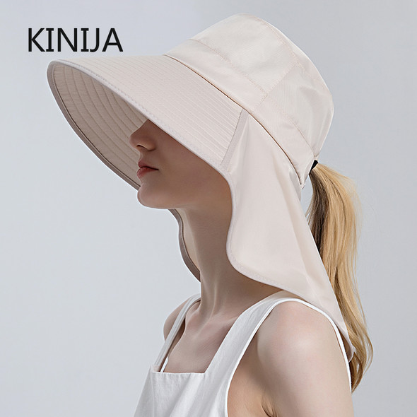 Women Snap Fastener Big Brim Hat Protection Visors Bucket Hat Sunscreen Fisherman Hats Outdoors Fishing Cap Ponytail Sun Hat