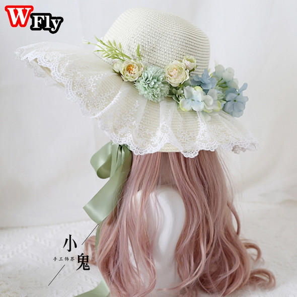 Harajuku Women Girls Summer Wide eaves Straw Hats Beach Sun Hat Sweet Lolita Lace Flower Straw Hat ladies sunhat Handmade