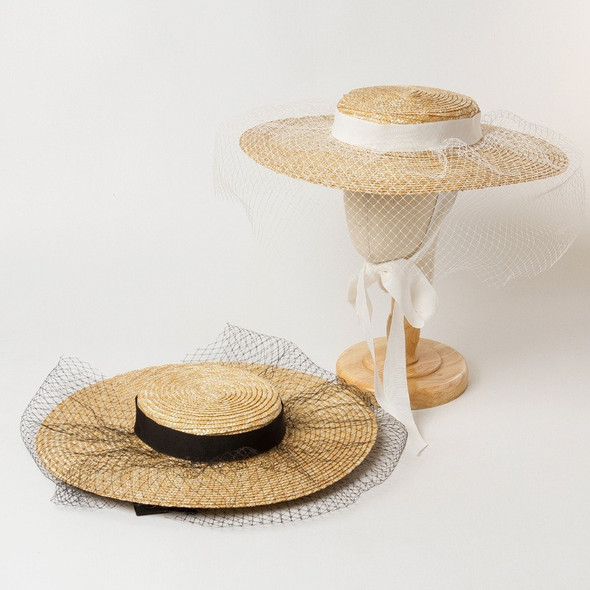 Children's new mesh webbing decoration shallow flat top straw hat with sunshade and sunscreen concave shape straw hat