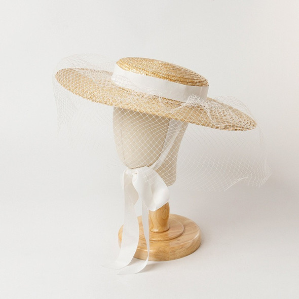 Children's new mesh webbing decoration shallow flat top straw hat with sunshade and sunscreen concave shape straw hat