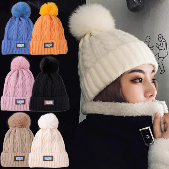 thicken Fur Pom Knitted Beanies Hat Female Plush Winter Fleece-lined Warm Hats for Women Girl's Outdoor Woolen Thermal Gorro Cap