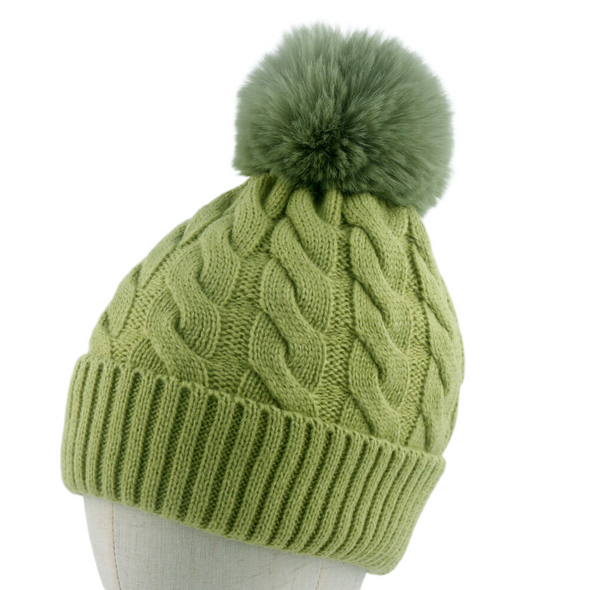 Warm Fleece Lined Hat Women Winter Beanies Cable Knitted Pom Pom Hat Plain Skullies Olive Green Black Grey White Beige Pink