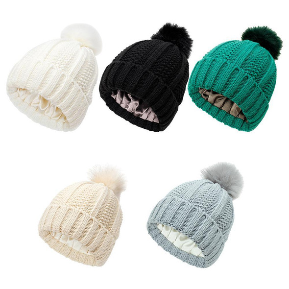 Elastic Ribbed Knit Frizz Free Hair Protection Satin Hat Thick Pom Pom Soft Warm Ski Hat Winter Beanie Wool Thermal Fleece Lined