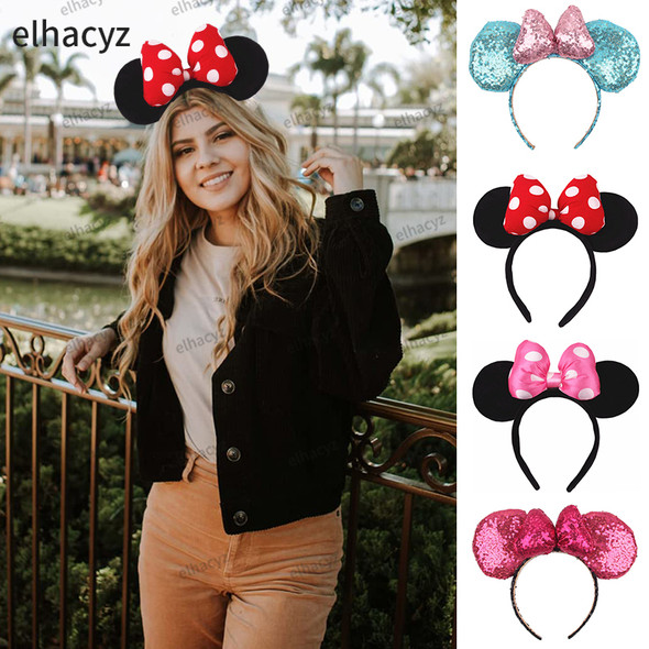 Big Size Classic DOT Bow Minnie Mouse Ears Headband Women Party Girl Hairband Hot Festival Disney Park Trip DIY Hair Accessories