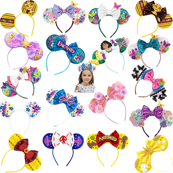 Disney Encanto Ears Hair Accessories For Girls Mirabel Headbands Baby Sequins Bow Hairband Women Flower Headwear Party Kids Gift