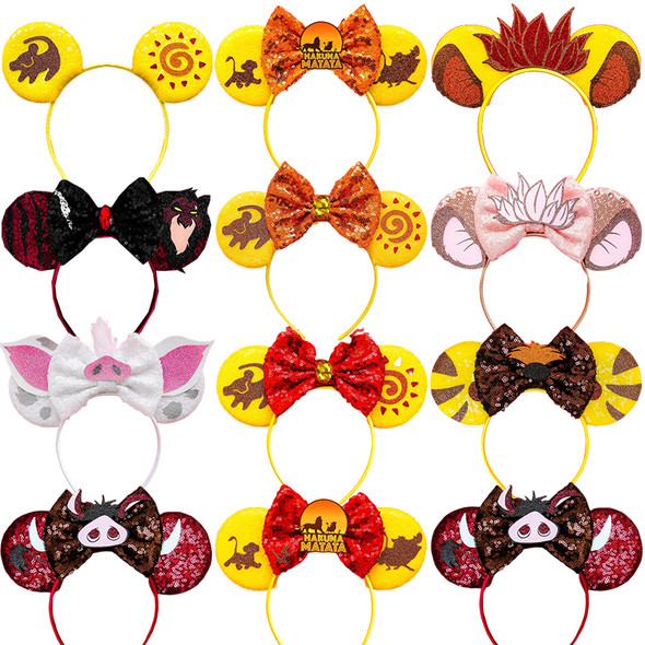 The Lion King Ears Hairbands Women Sequins Bow Headbands Kids Simba Head Band Girls Pumbaa Hair Bands Baby Disney Timon Headwear