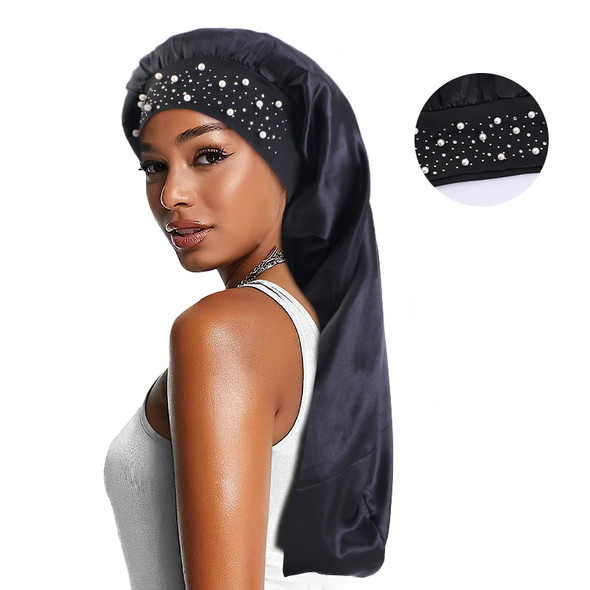 New Beaded Wide Edge Satin bonnet Long Hair Sleep Cap Hair Care Turban Natural Hair Curly Braids Bonnet for Women Men Unisex Cap