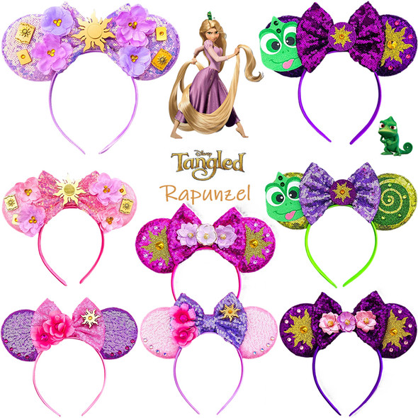 Disney Rapunzel Hair Accessories for Girls Chameleon Sunflower Ears Hairbands Women Tangled Head Bands Kids Sequins Bow Headwear
