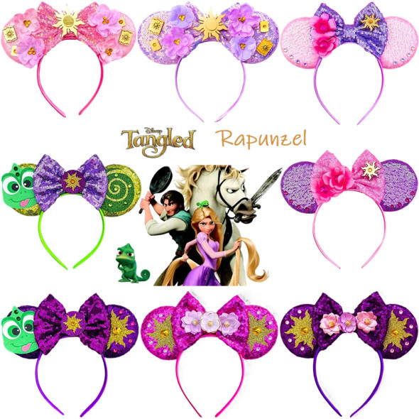 Disney Rapunzel Hair Accessories For Women Sun Flower Ears Headbands Kids Sequins Bow Chameleon Head Bands Girl Tangled Headwear