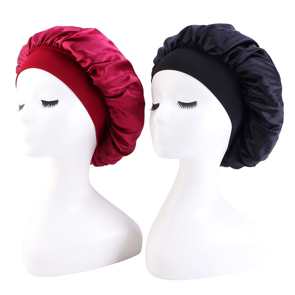 2pcs Set Wide Band Satin Bonnet Sleeping Cap Night Sleep Hat Hair Care For Unisex Curly Springy Hair Styling Accessories