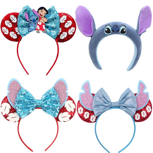 Disney Big Ears Angel Hair Accessories Kids Cosplay Lilo & Stitch Headwear Girls Sequins Feather Hairbands Women Bow Head Band