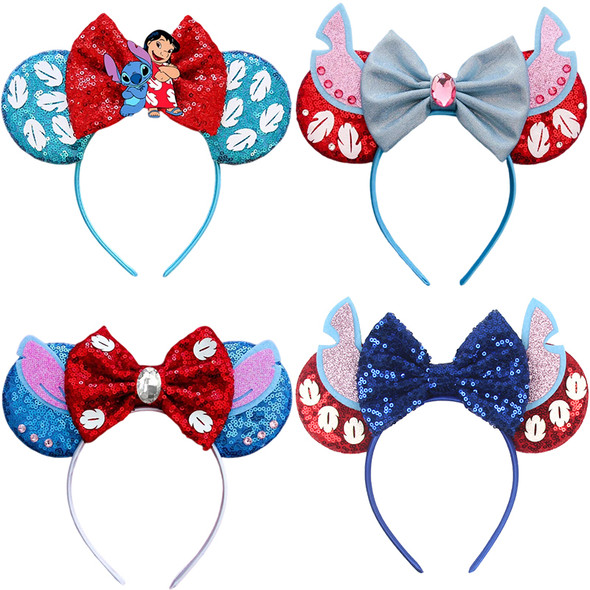 Blue Ears Stitch Headwear Women Disney Angel Hair Accessories Kids Lilo & Stitch Headbands Baby Sequins Feather Head Band Girls