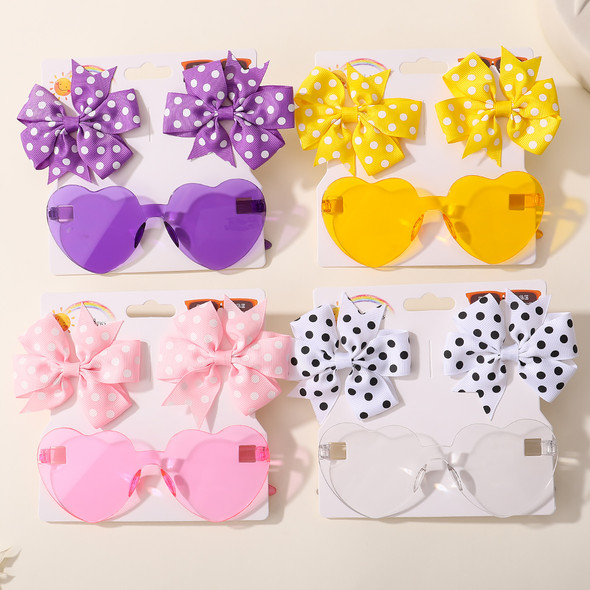 3Pcs/set Kids Cute Solid Dot Hairpin Colorful Heart Sun Glasses Set Girls Boutique Bowknot Hair Clips Children Hair Accessories