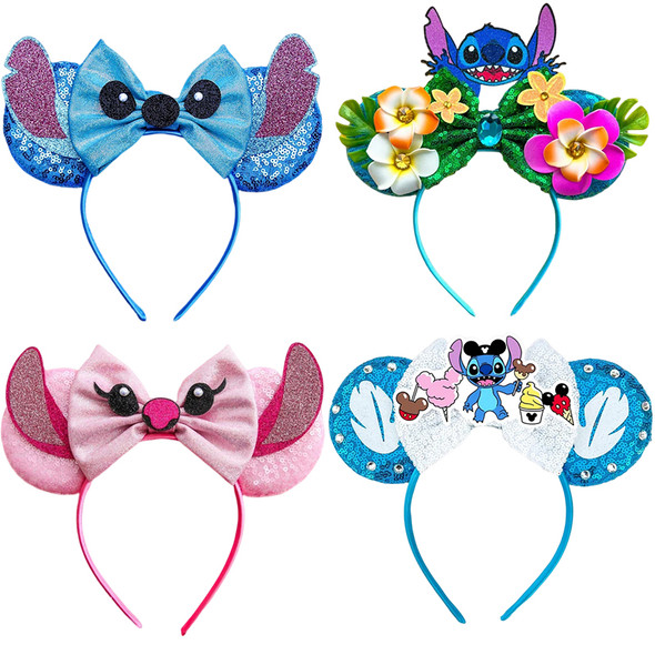 Lilo & Stitch Hair Accessories Girls Pink Bow Hairbands Baby Disney Angel Headwear Kids Cosplay Lilo Sequins Head Band Women