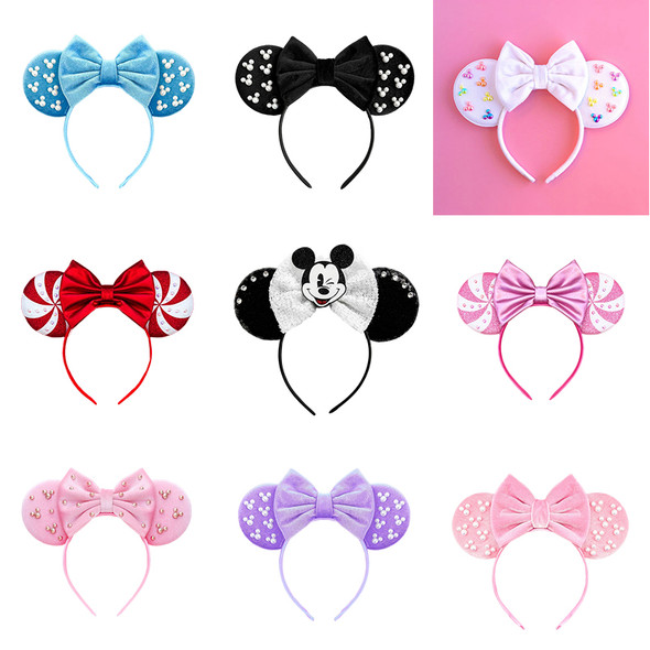 Pink Bow Hair Accessories Pearl Minnie Mouse Hairbands Kids Cosplay Mickey Headband Baby Anime Headwears Women Disney Hair Bands