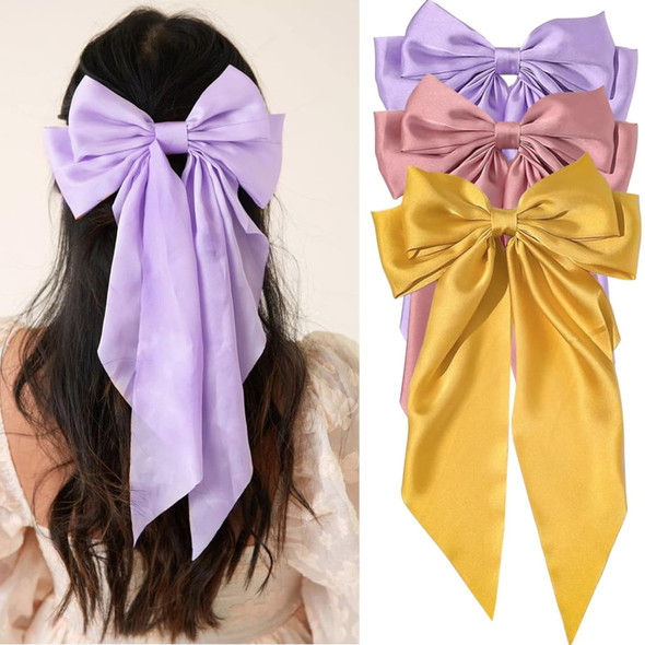 3Pcs Elegant Bow Ribbon Hair Clip for Women Fashion Solid Satin Spring Clip Hairpin Headband with Clips Girls Hair Accessories
