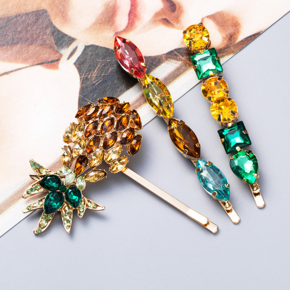 Aesthetic Hairpin Set Accessories Jewelry Rainbow Gems Crystal Rhinestone Barrettes Pineapple Flamingo Hair Clip for Women Girls