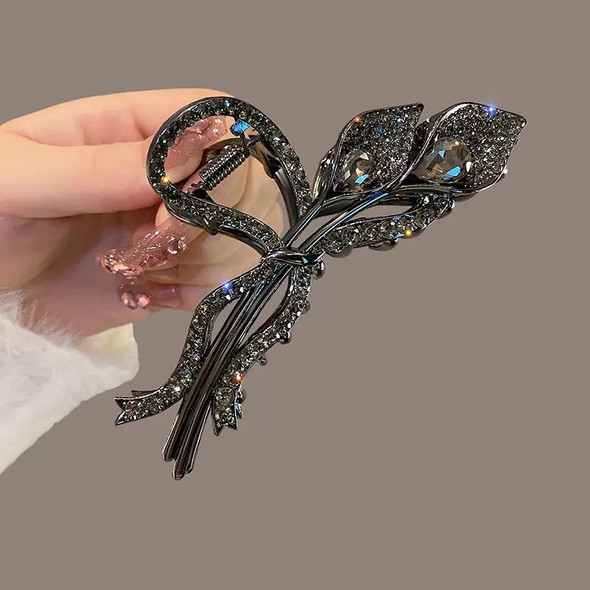 New Black Leaf Rhinestone Hair Claw Morning Glory Crystal Hair Clip Exquisite Elegant Women's Hair Grip Clip Hair Accessoires