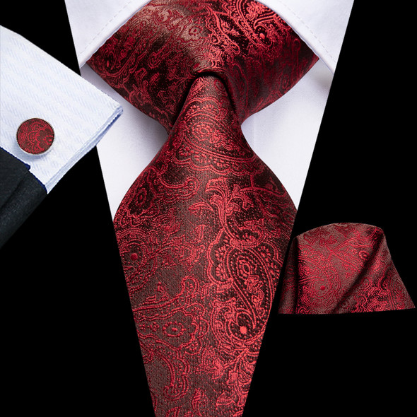 Hi-Tie Men Fashion Necktie Burgundy Paisley Handkerchief Cufflinks for Tuxedo Accessory Classic Silk Luxury Gift Tie for Men