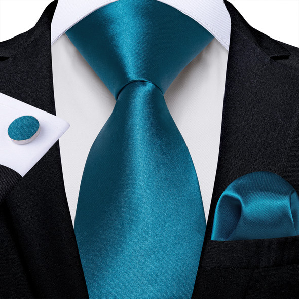 Men Solid Ties Blue Green Grey Business Wedding Party Accessory 8cm Necktie Handkerchief Cufflinks Husband Groom Gift Wholesale