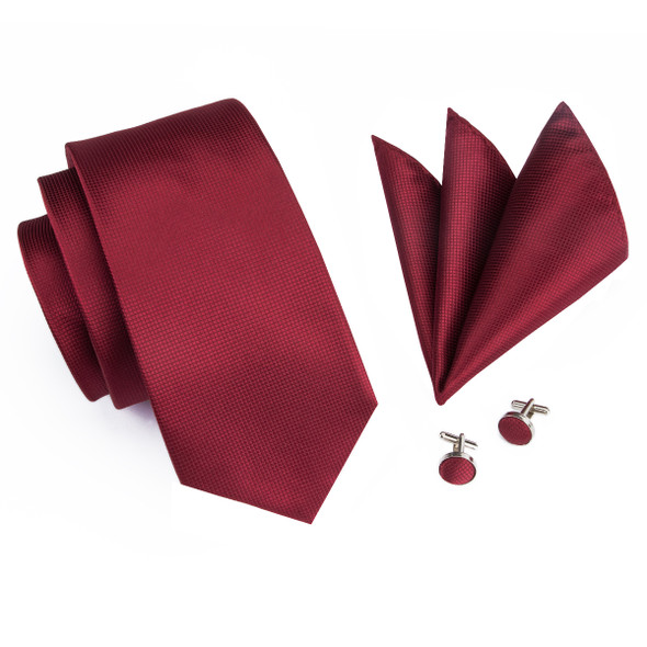 Burgundy Solid Mens Necktie Luxury 8.5cm Wide Silk Wedding Tie Pocket Square Cufflink Set Brooch Gift For Men Hi-Tie Designer