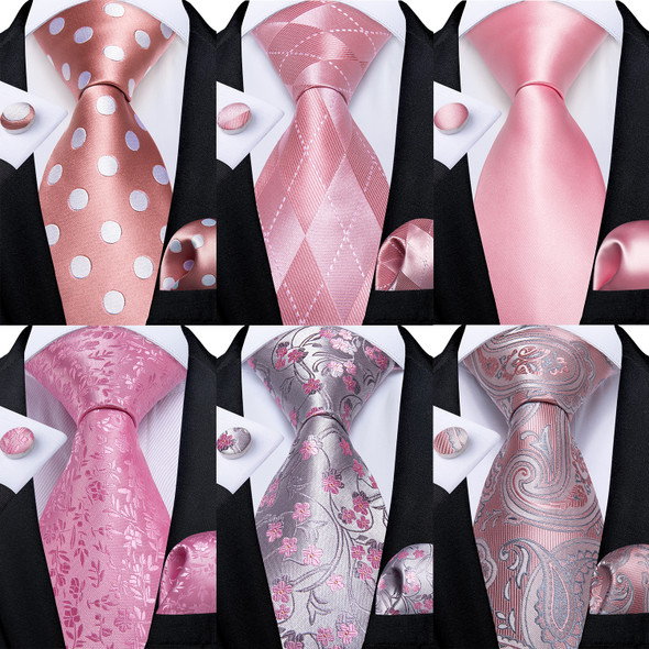 Dot Plaid Paisley Floral Pink Ties For Men 100% Silk Wedding Party Neck Tie Handkerchief Cufflinks Men Gift Cravat DiBanGu