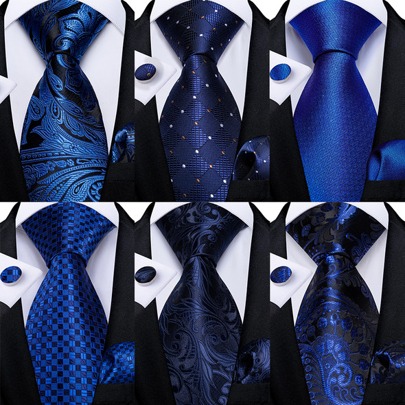 DiBanGu Blue Striped Silk Mens Wedding Ties With Hanky Cufflinks Set Jacquare Woven Neck Ties Set For Men Necktie Fashion