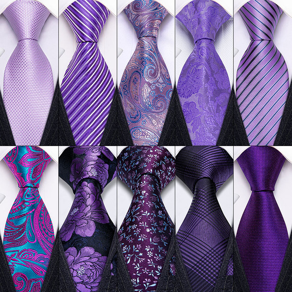 Purple Plaid Men Wedding Tie Silk Necktie For Men Gifts Handkerchief Cufflink Tie Set Barry.Wang Fashion Accessories FA-0457