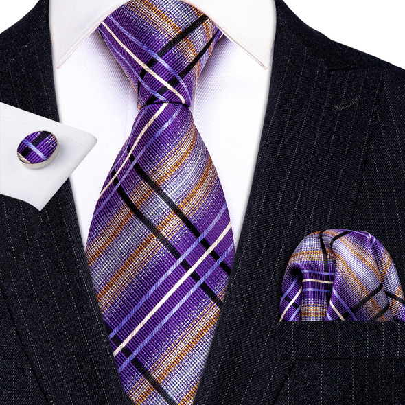 Purple Plaid Men Wedding Tie Silk Necktie For Men Gifts Handkerchief Cufflink Tie Set Barry.Wang Fashion Accessories FA-0457