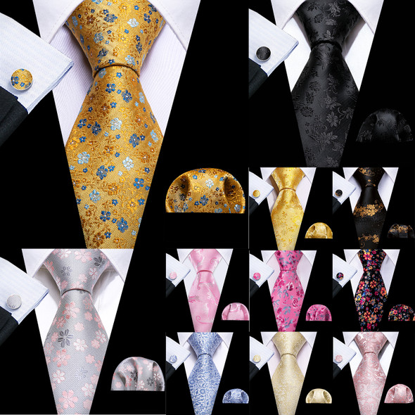 Barry.Wang Flower Silk Men Tie Hankerchief Cufflink Set Plum Blossom Rose Spiraea Necktie Cravat for Male Wedding Party Business