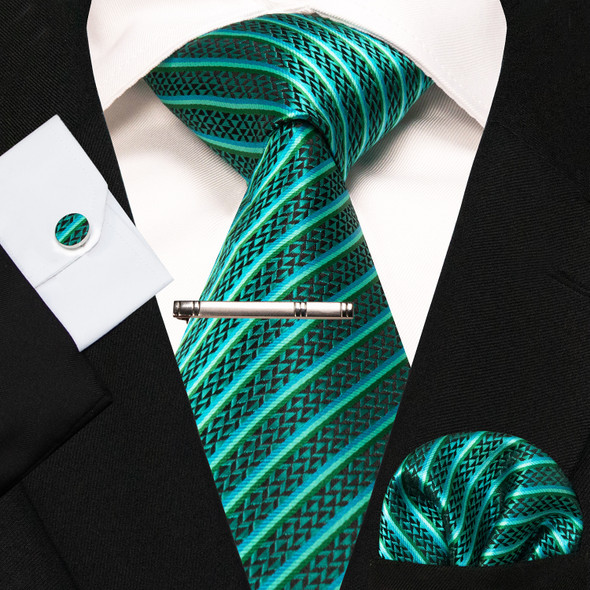 8cm Silk Mens Ties Green Black Ties plaid stripe NeckTie Pocket Square Cufflinks Tie clips Set Men's Wedding business Party Tie