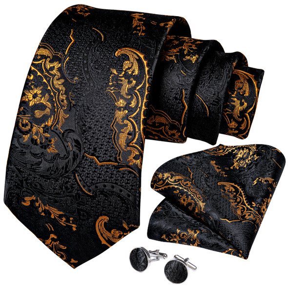Luxury Black Gold Paisley Silk Ties For Men 8cm Men's Wedding Neck Tie Pocket Square Cufflinks Set Collar Pin Men's Gift
