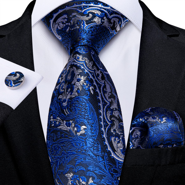 Men's Royal Blue Ties Pocket Square Cufflinks Wedding Formal Business Suits Silk Neck Tie Accessories Gift for Husband