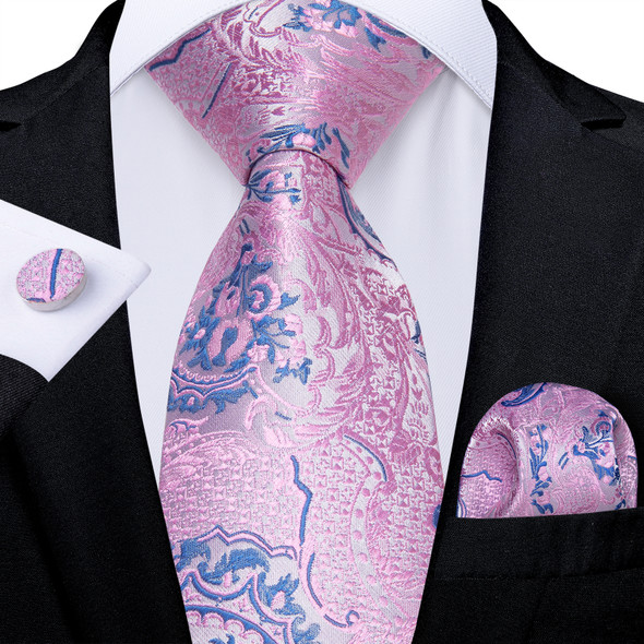 Ties for Men 2023 Luxury Pink Blue Paisley 100% Silk Business Wedding Party Neck Tie Pocket Square Cufflinks Accessories Gift