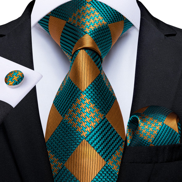 Teal Green Orange Plaid Ties For Men 8cm Width Business Wedding Party Men's Neck Tie Handkerchief Cufflinks Tie Ring Brooch