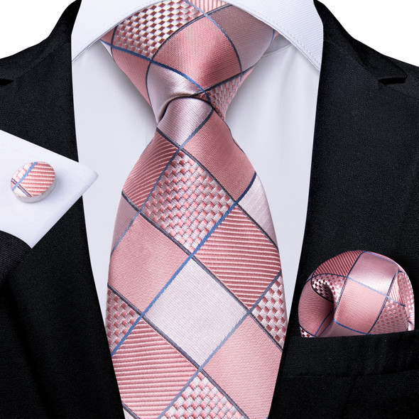 Pink Plaid Paisley Striped Solid Business Wedding Ties for Men Groom Accessories 8cm Necktie Set Handkerchief Cufflinks Gift