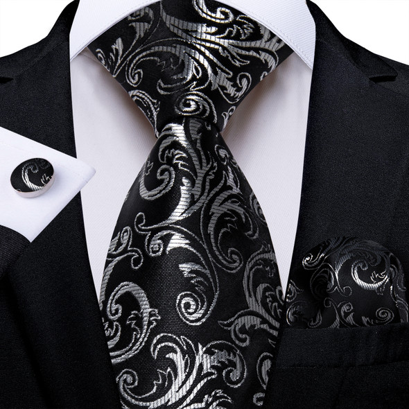 Men's Black Ties Handkerchief Cufflinks Business Formal Floral Striped Solid 8cm Necktie Gift for Husband Wedding Accessories