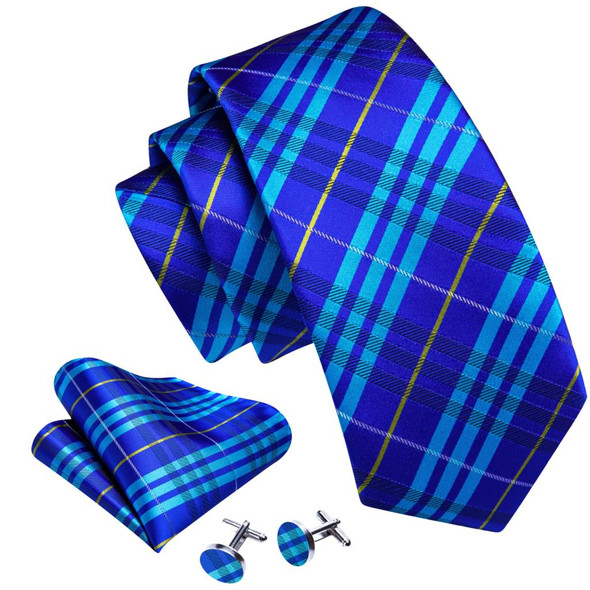 Barry.Wang Plaid Silk Men Tie Hanky Cufflinks Set Checked Jacquard Necktie for Male Formal Casual Wedding Business Party Events