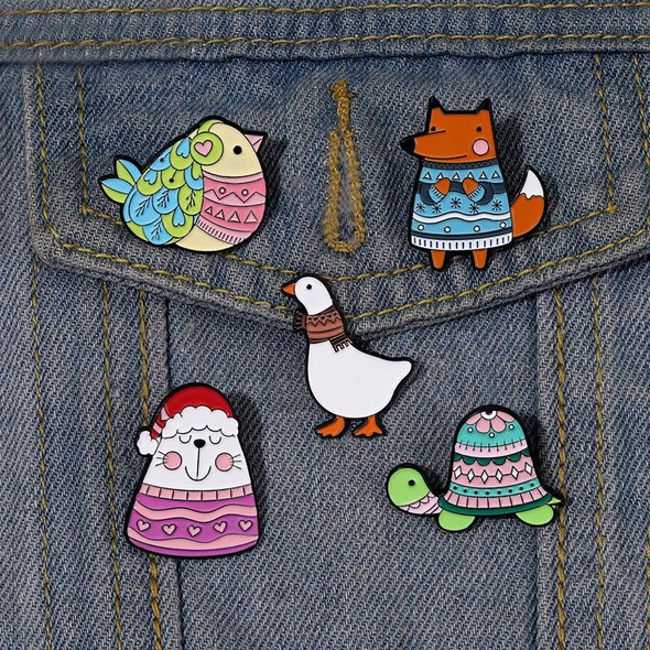 Happy Winter Enamel Pins Custom Bird Cat Fox Turtle Goose Brooches Lapel Badges Animal Sweater Jewelry Gift for Kids Friends
