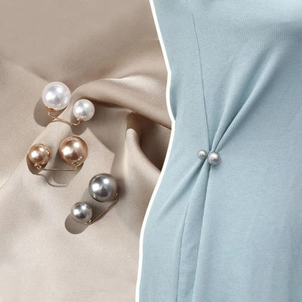Women Fashion Tightening Waistband Pin Double Pearl Brooches Metal Lapel Pin Brooch Pins Sweater Shirt Cardigan Brooch