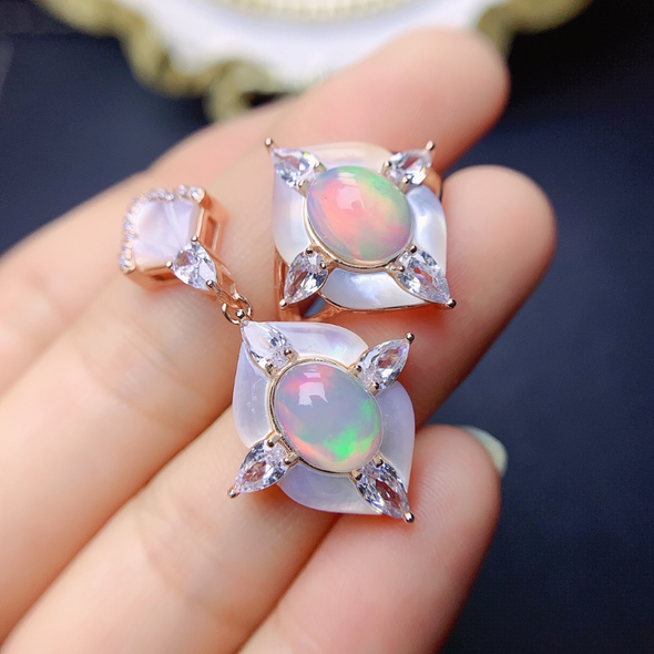 100% Natural Opal Ring 7x9mm Sterling Silver 925 Women's Ring and Pendant Gemstone Anniversary Party Classic Fine Jewelry Set