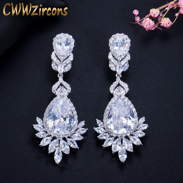CWWZircons Elegent Evening Dinner Party Wedding Jewelry Luxury Long CZ Crystal Big Drop Dangle Earrings for Brides CZ055