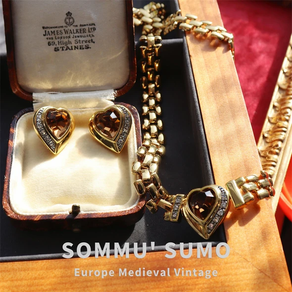 Vintage jewelry vacuum k gold zircon love collarbone chain necklace bracelet Earring set in ancient style