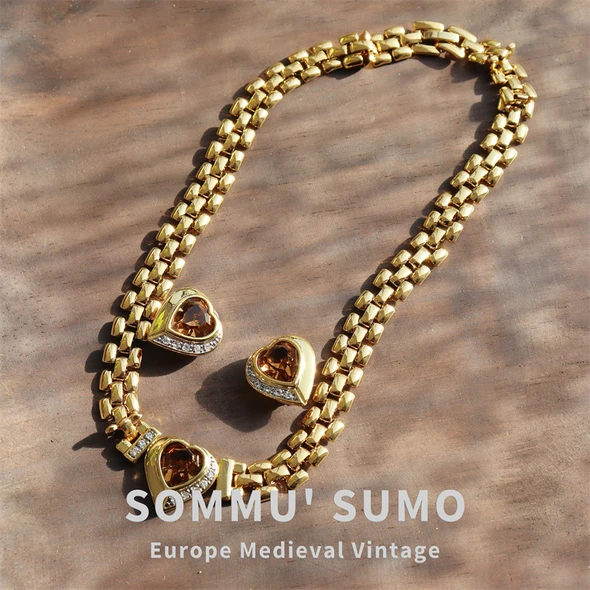 Vintage jewelry vacuum k gold zircon love collarbone chain necklace bracelet Earring set in ancient style