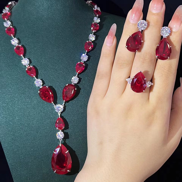 KQDANCE 925 Sterling Silver Pear Cut Ruby Red High Carbon Diamond Tennis Chain Necklace Drop Earrings Rings Fine Jewelry Set