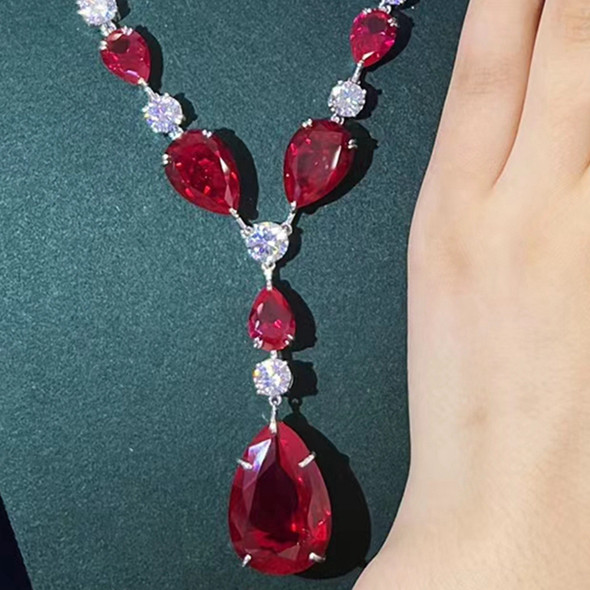 KQDANCE 925 Sterling Silver Pear Cut Ruby Red High Carbon Diamond Tennis Chain Necklace Drop Earrings Rings Fine Jewelry Set